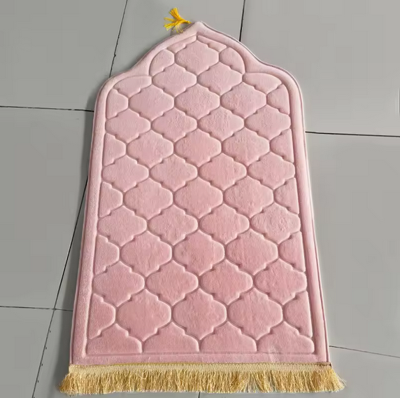 Tapis de Prière Rose Confortable en Flanelle avec Pampilles