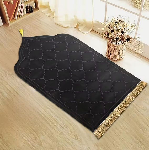 Comfortable Black Flannel Prayer Mat with Tassels 