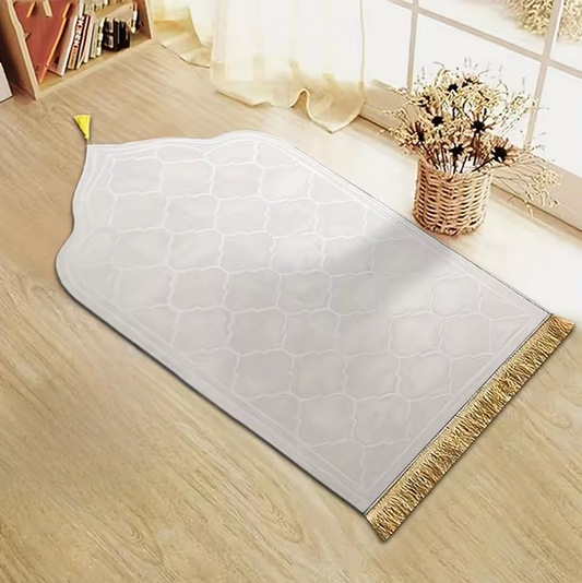 Tapis de Prière Blanc Confortable en Flanelle avec Pampilles